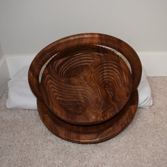 VTG Carved Wooden Collapsable Bowl/Basket Paisley Design Trays 3 Sections - Picture 1 of 13